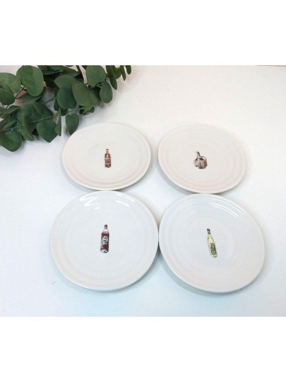 Set Of 4 Williams-Sonoma White Ceramic Appetizer Dessert Plates Wine Bottles